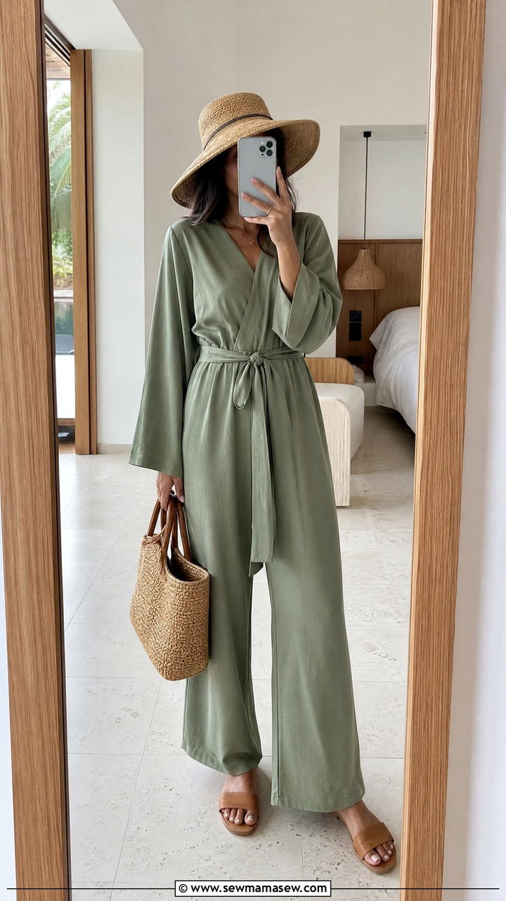 Loose Jumpsuit With Straw Hat And Sandals - 25 Vacation outfit ideas modest women