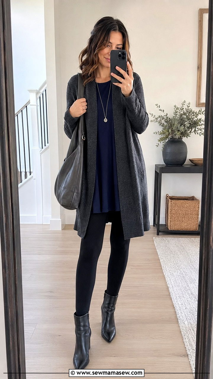 Loose Tunic With Leggings and Long Cardigan - 30 transitional business casual outfits
