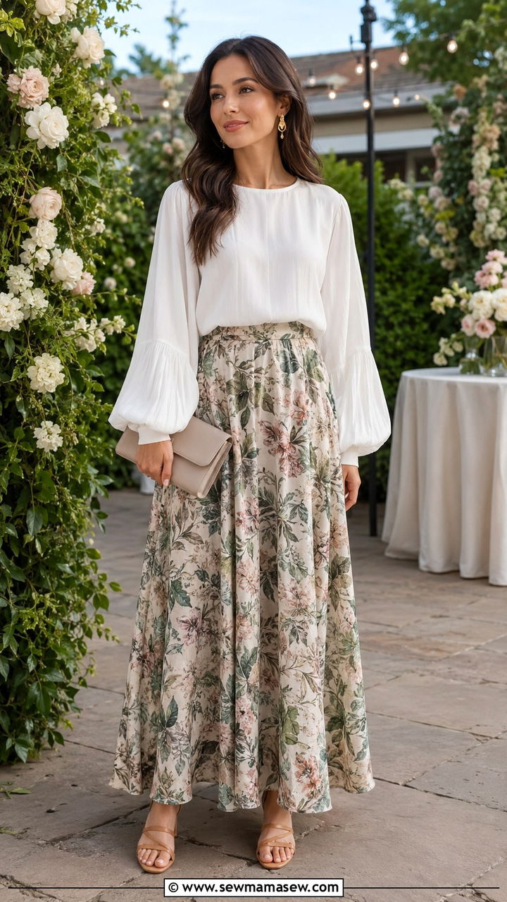 Loose White Blouse and Flowing Printed Maxi Skirt - 30 Modest outfit ideas clean girl