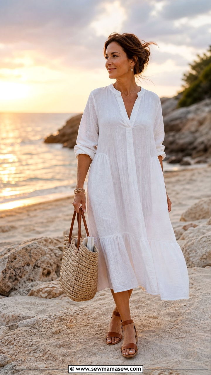Loose White Cotton Dress with Leather Sandals - 25 Coastal grandmother outfits 2026