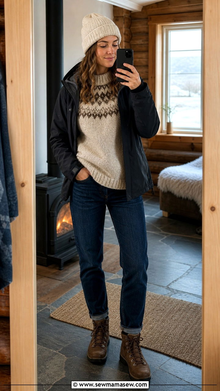 Lopapeysa Sweater with Jeans and Boots Outfit - 40 What to wear in Iceland