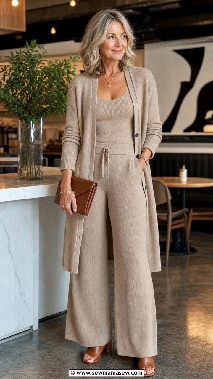 Lounge Inspired Brunch Set With Wide Leg Pants Outfit - 35 Brunch outfits for women over 50