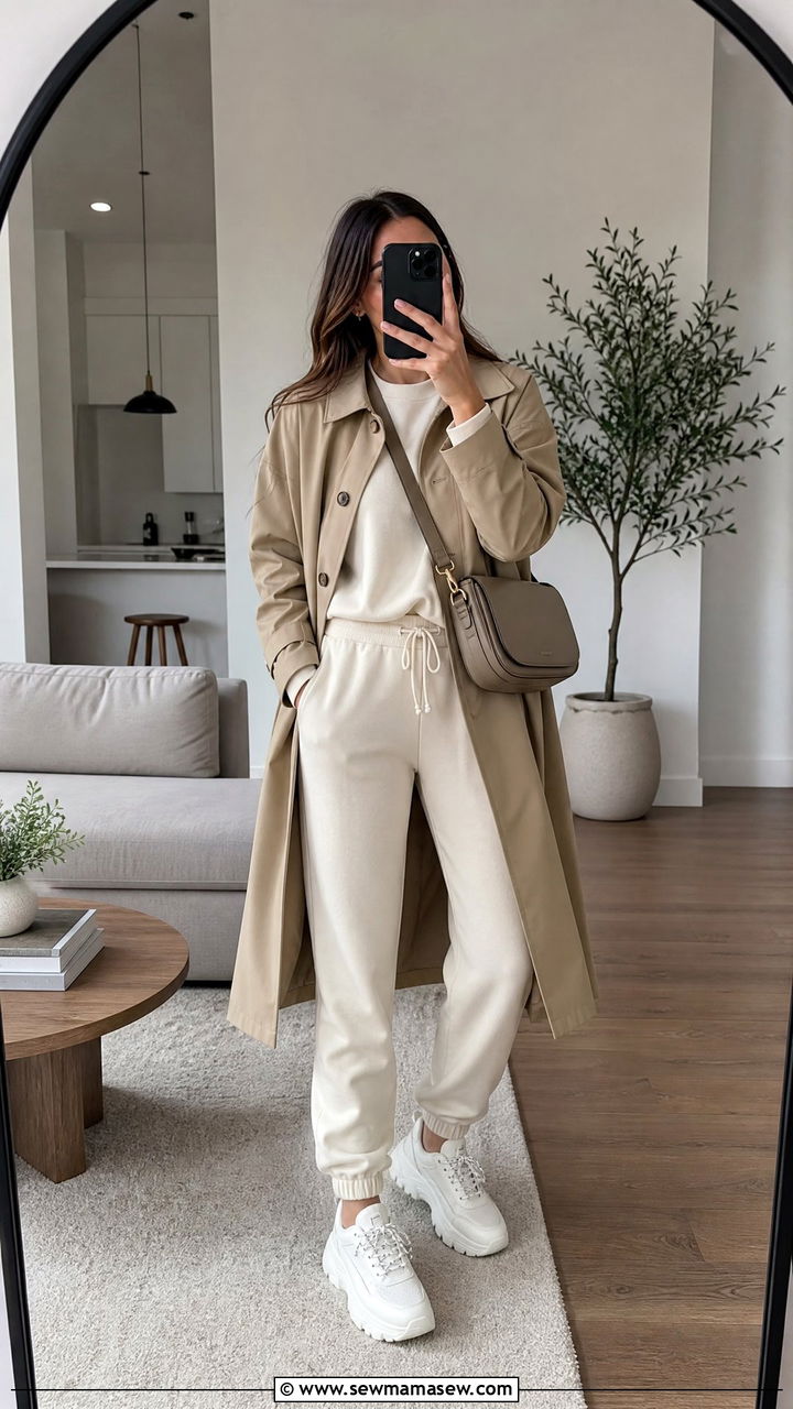 Lounge Matching Set with Water Resistant Trench and Chunky Sneakers - 30 summer rainy day outfit ideas