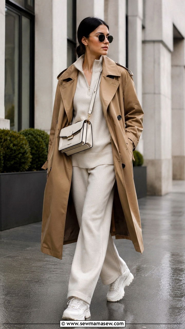 Lounge set layered under trench coat storm outfit - 20 Thunderstorm outfit ideas