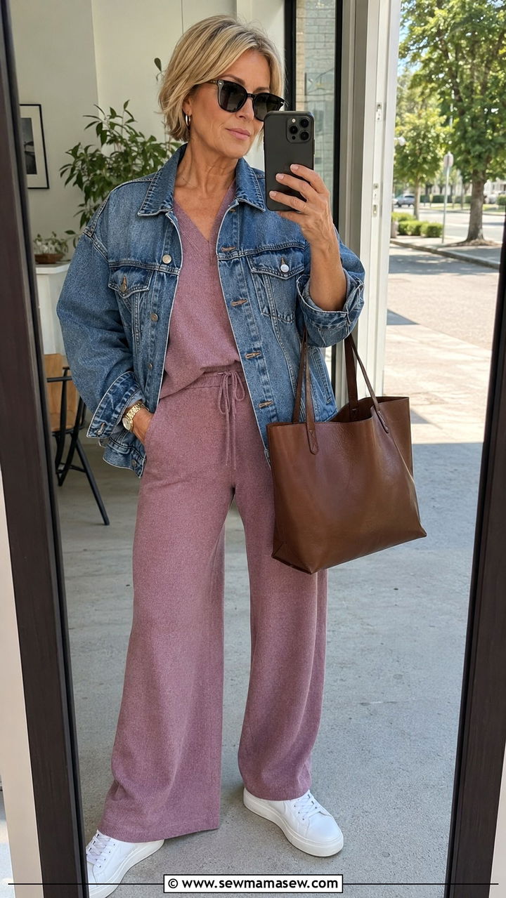 Lounge set with denim jacket and sneakers over 50 - 30 Outfit ideas for women over 50 athleisure