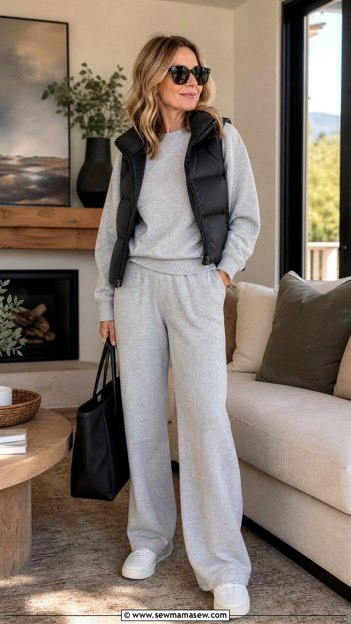 Lounge sweatshirt and wide leg sweatpants matching set - 30 matching set outfits for women over 40
