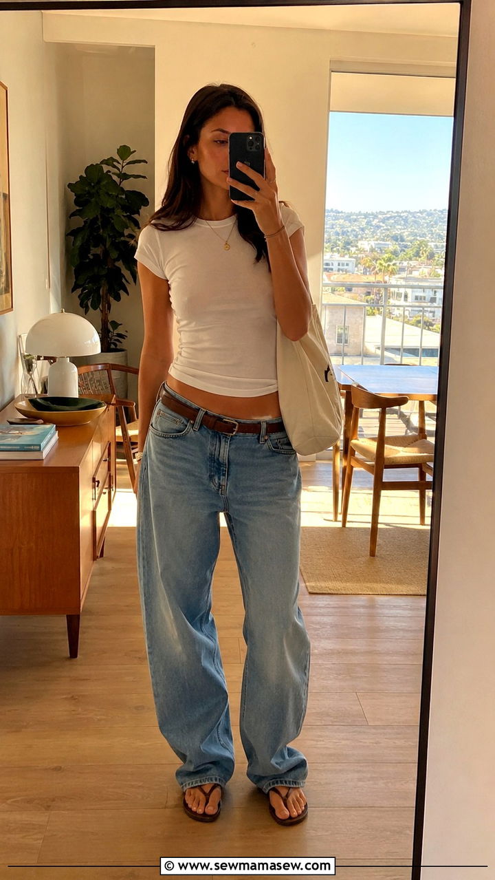 Low Rise Baggy Jeans With Fitted Tee and a Classic Belt - 30 jeans outfits 2026