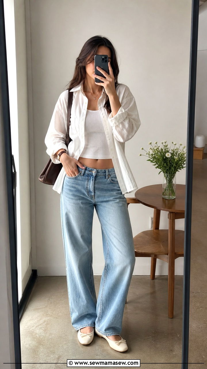 Low Rise Jeans With Button Down Shirt And Ballet Flats - 40 summer jeans outfit ideas