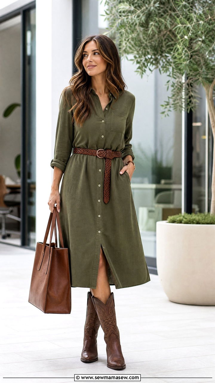 Lucchese Boots With Midi Shirtdress And Woven Belt - 20 Western outfit ideas with Lucchese boots