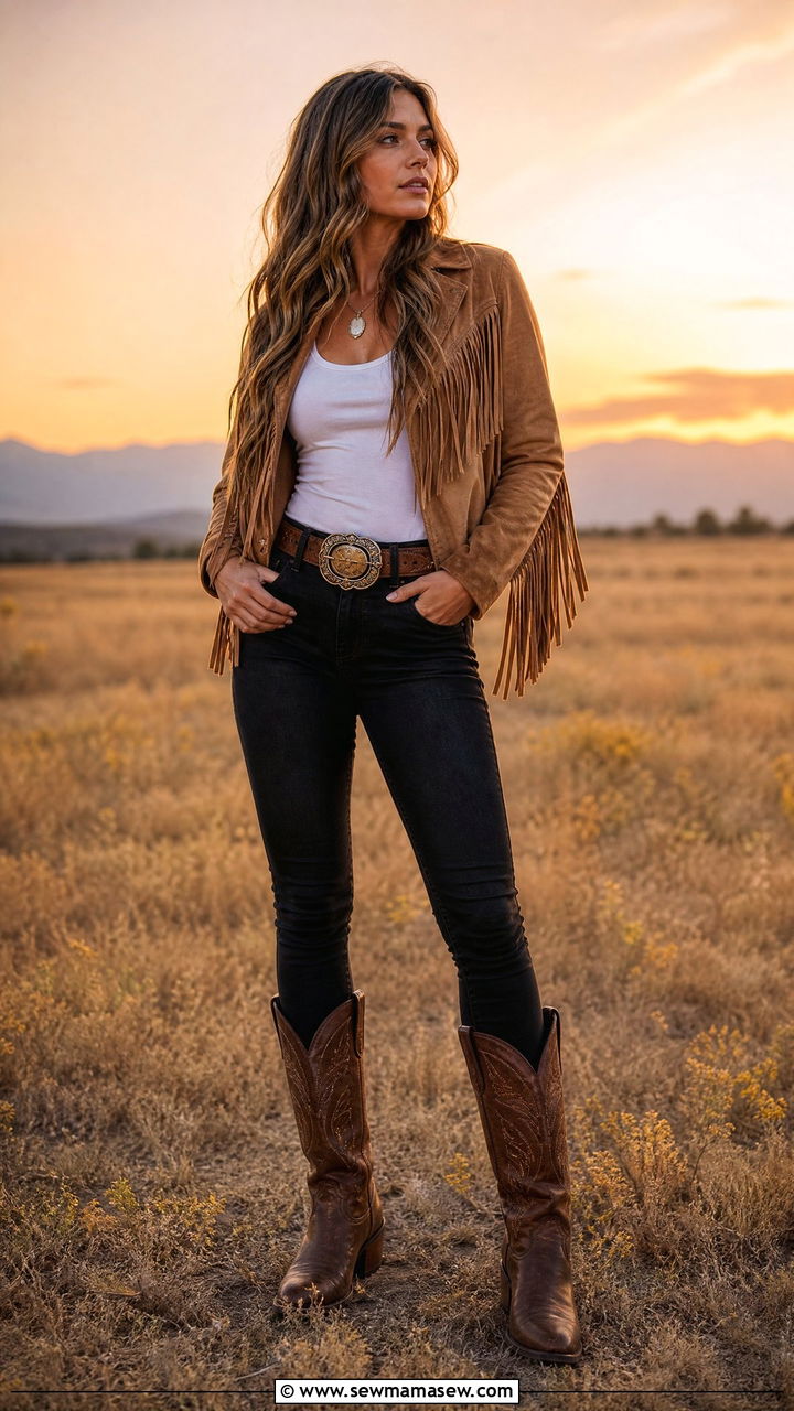 Lucchese Boots With Suede Fringe Jacket And Black Jeans - 20 Western outfit ideas with Lucchese boots