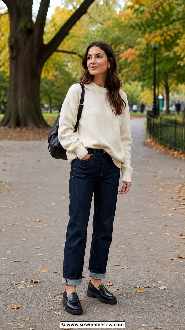 Lug sole loafers with straight leg jeans and an oversized sweater - 30 Straight leg jeans outfit ideas with flats