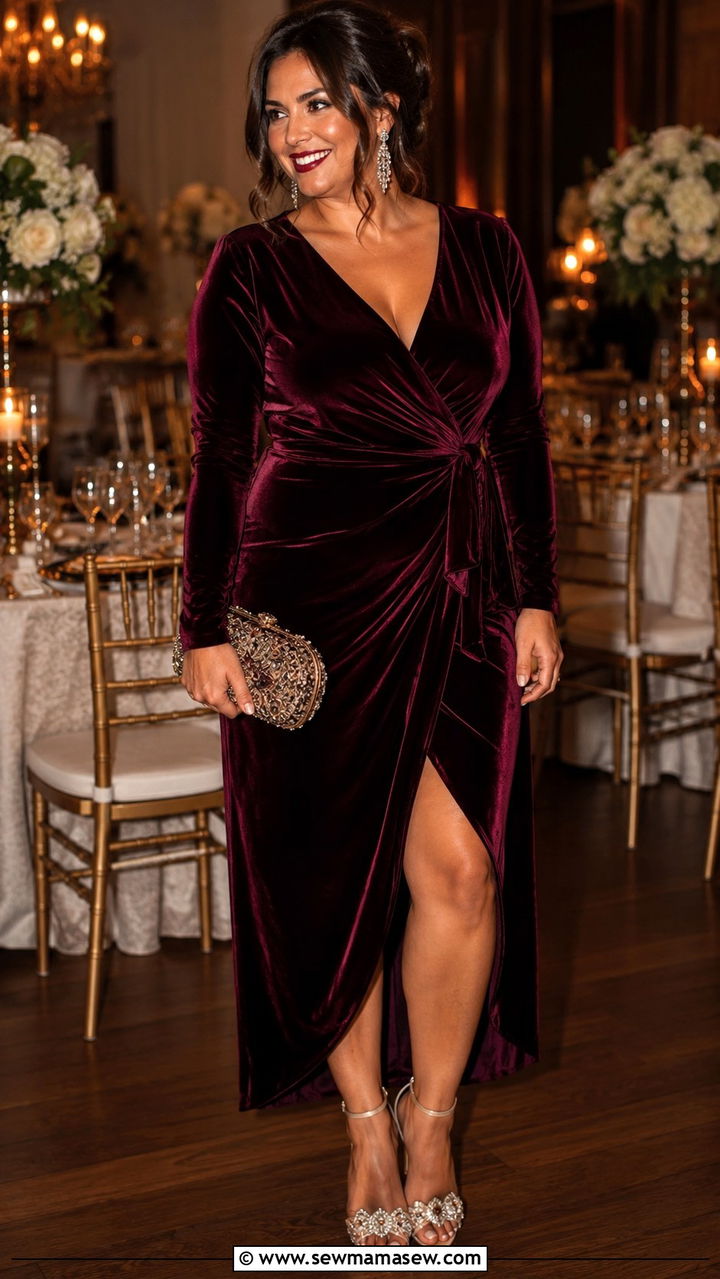 Luxe Velvet Wrap Dress With Ornate Heels - 25 wedding guest outfits for women with big bust