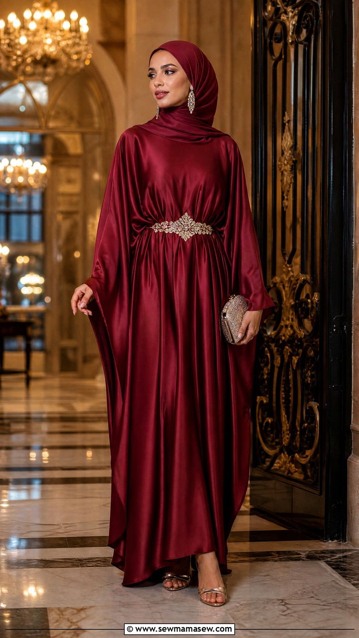Luxe satin kaftan with beaded belt - 30 Modest outfit ideas for Eid