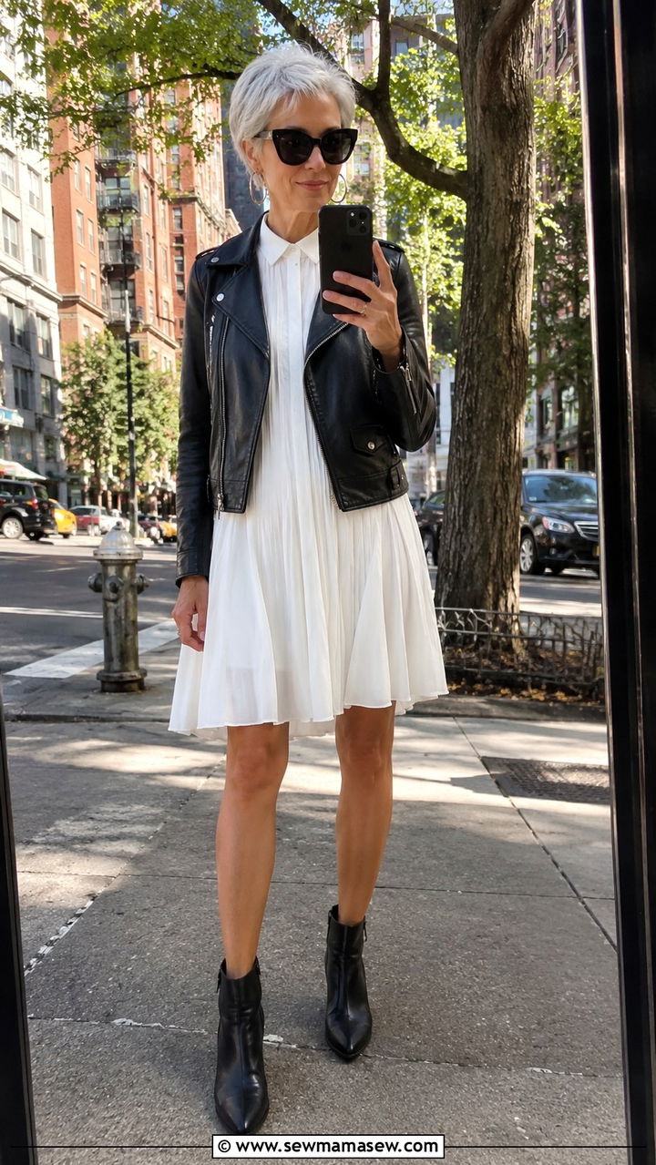 Lyn Slater White Dress and Biker Jacket Outfit - 20 Lyn Slater outfit ideas