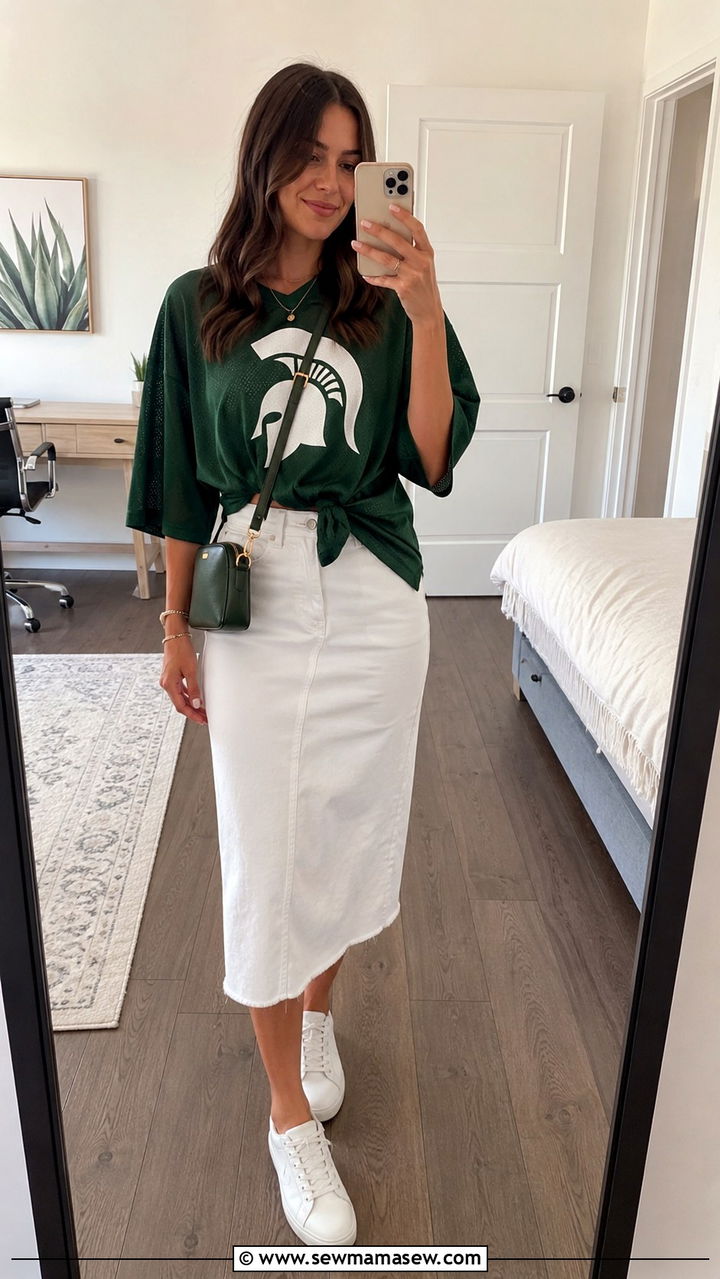 MSU football jersey with white denim skirt outfit - 20 Gameday outfit ideas Michigan