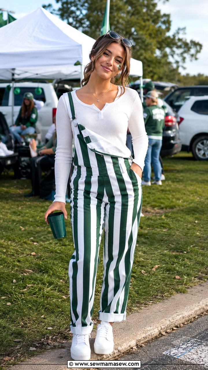 MSU green and white striped overalls outfit - 20 Gameday outfit ideas Michigan