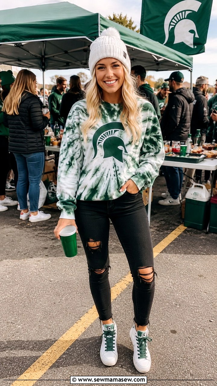 MSU tie dye sweatshirt with ripped jeans and sneakers outfit - 20 Gameday outfit ideas Michigan