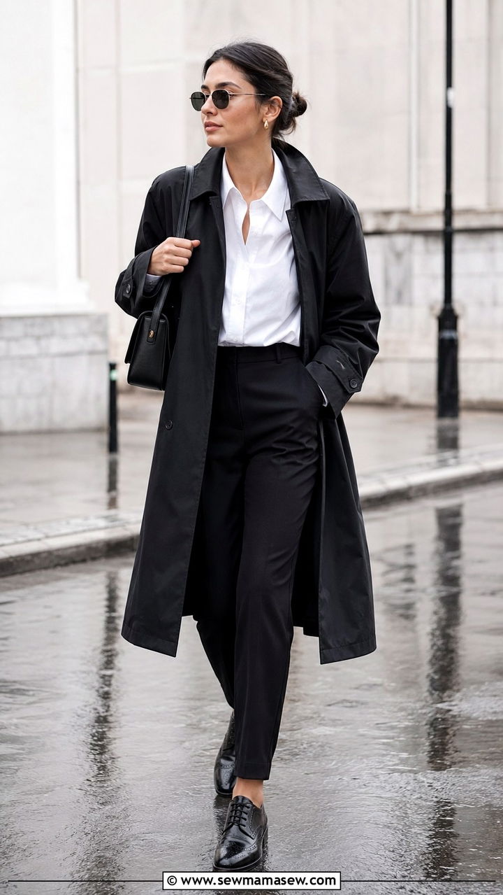 Mac Coat With Tailored Trousers and Brogues - 25 rainy day outfits trends