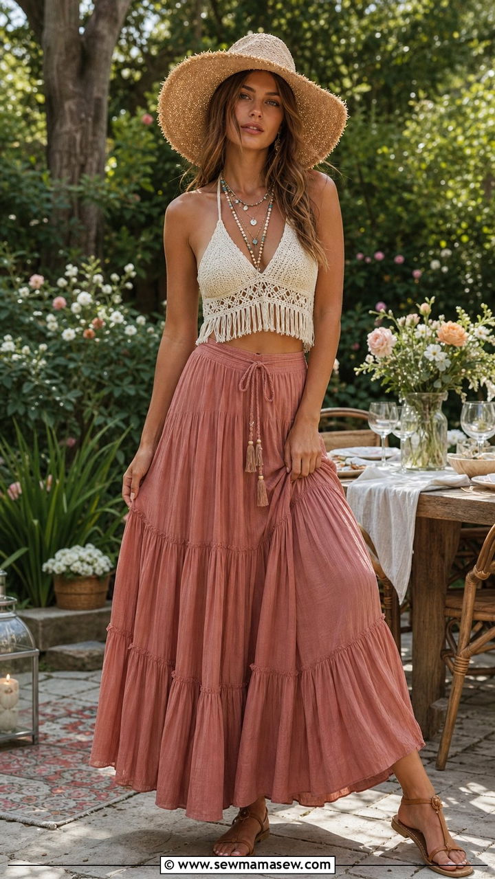 Macrame Halter Crop Top with Tiered Maxi Skirt - 35 Boho summer outfit ideas 2026