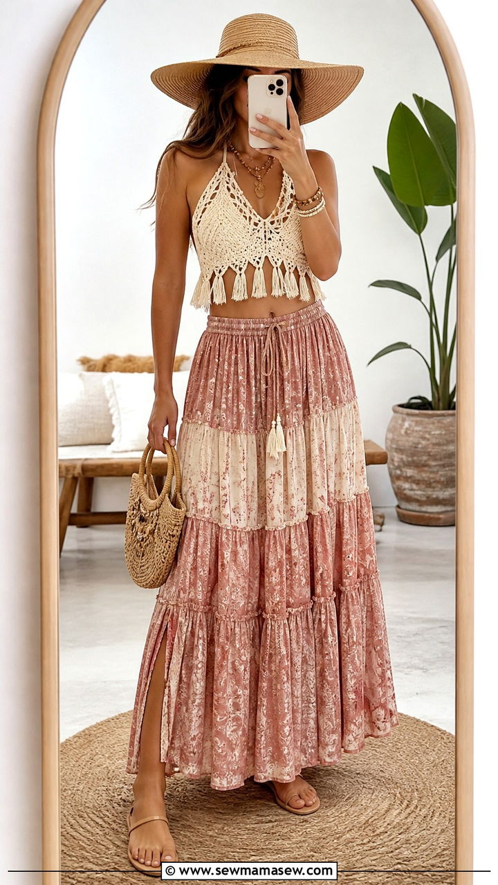 Macrame Halter Top with Dusty Rose Tiered Maxi Skirt - 40 summer boho outfits