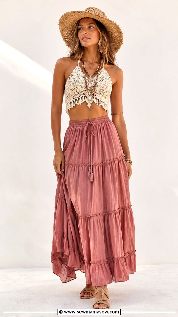 Macrame crop top with tiered maxi skirt - 25 Boho chic clothing ideas 2026