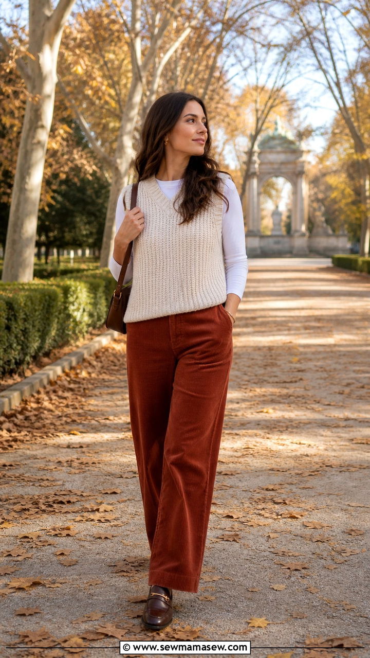 Madrid autumn walk outfit with knit vest and corduroy trousers - 40 Madrid outfit ideas