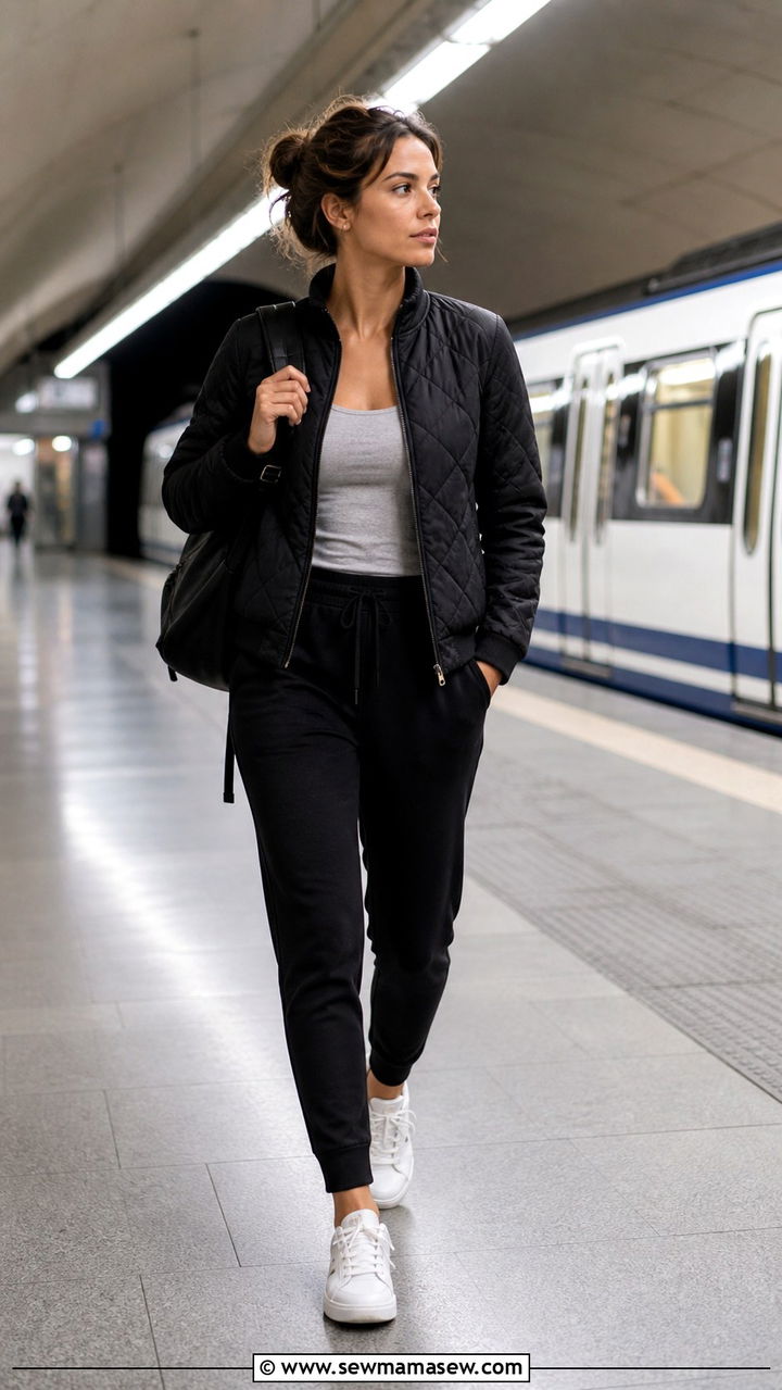 Madrid commute outfit with quilted jacket and tailored joggers - 40 Madrid outfit ideas