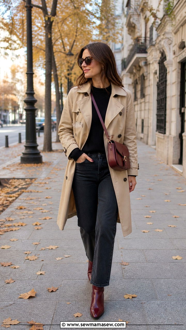 Madrid fall outfit with trench coat and burgundy accessories - 40 Madrid outfit ideas