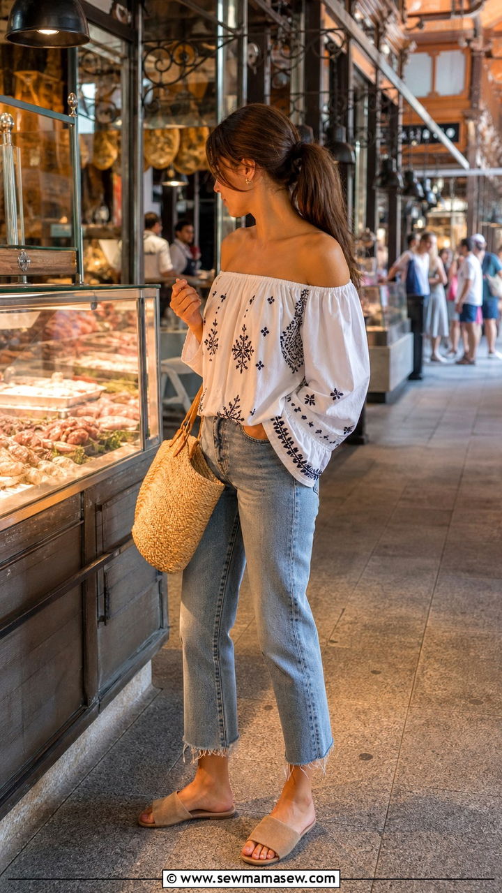 Madrid market outfit with off shoulder top and cropped jeans - 40 Madrid outfit ideas