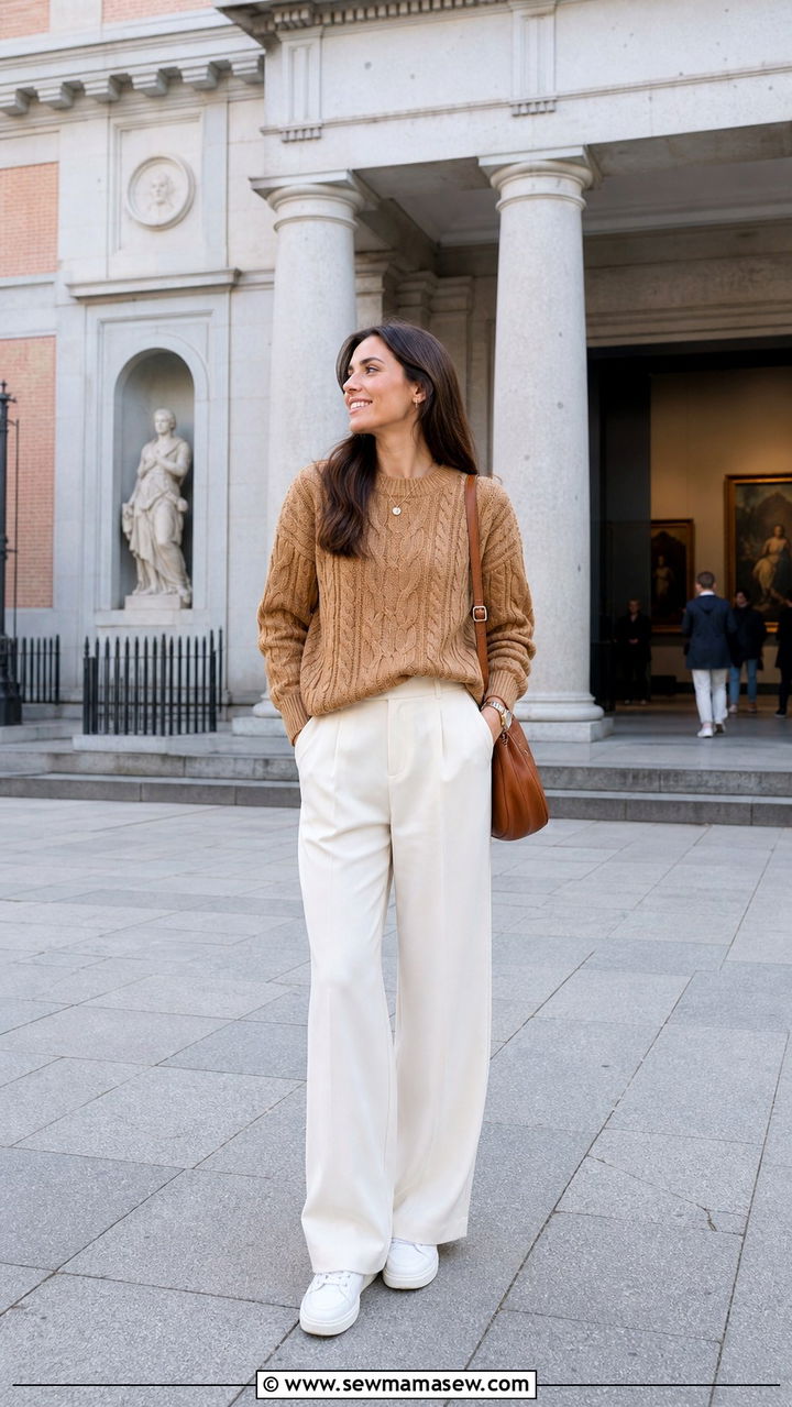 Madrid museum outfit with cable knit sweater and cream trousers - 40 Madrid outfit ideas