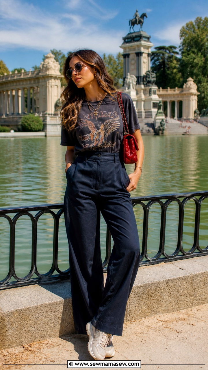 Madrid park outfit with graphic tee and wide leg trousers - 40 Madrid outfit ideas