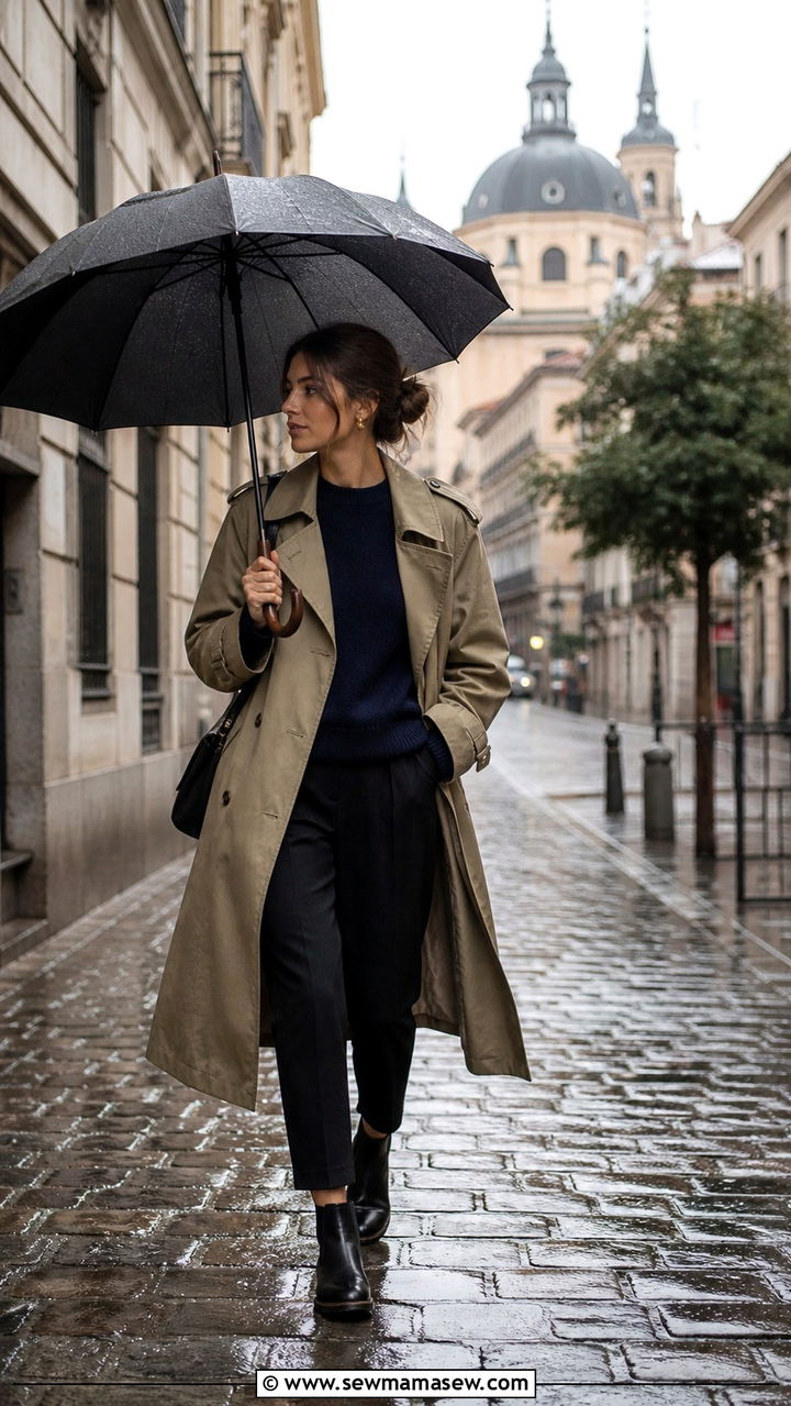 Madrid rainy day outfit with trench coat and leather boots - 40 Madrid outfit ideas