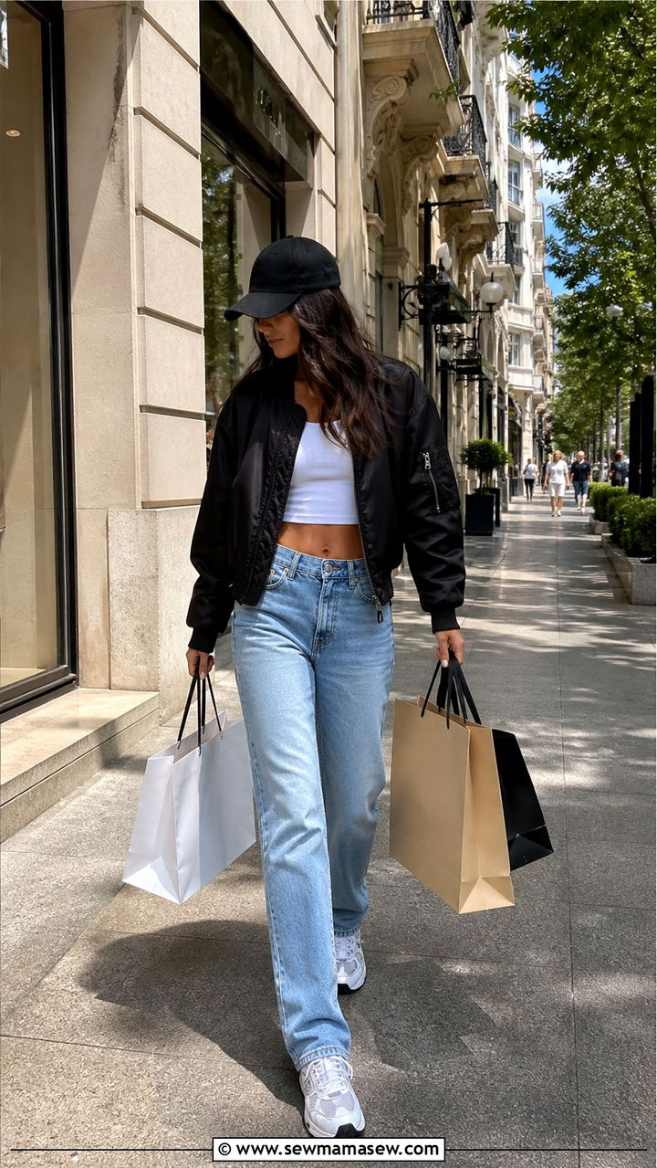 Madrid shopping outfit with bomber jacket and straight leg jeans - 40 Madrid outfit ideas