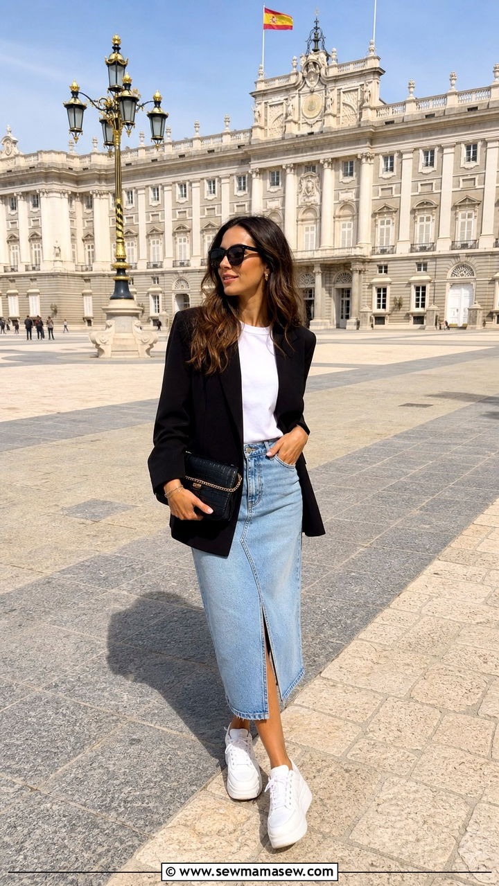 Madrid sightseeing outfit with blazer and midi skirt - 40 Madrid outfit ideas
