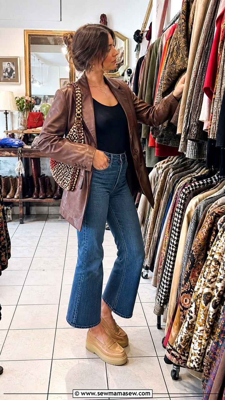 Madrid vintage shopping outfit with leather blazer and cropped flares - 40 Madrid outfit ideas