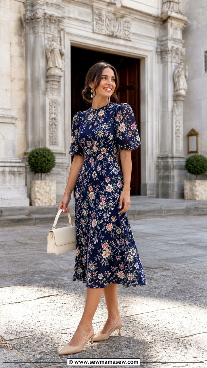 Madrid wedding guest outfit with floral midi dress and slingback heels - 40 Madrid outfit ideas