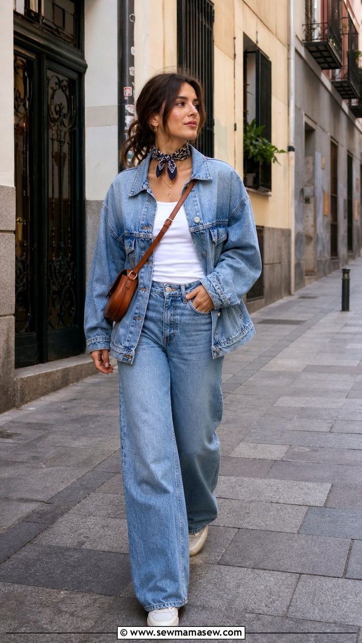 Madrid weekend outfit with denim jacket and wide leg jeans - 40 Madrid outfit ideas