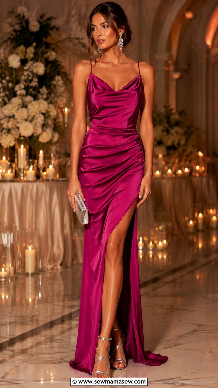 Magenta Satin Ruched Dress Evening Look - 25 Pink dress outfit ideas summer 2026