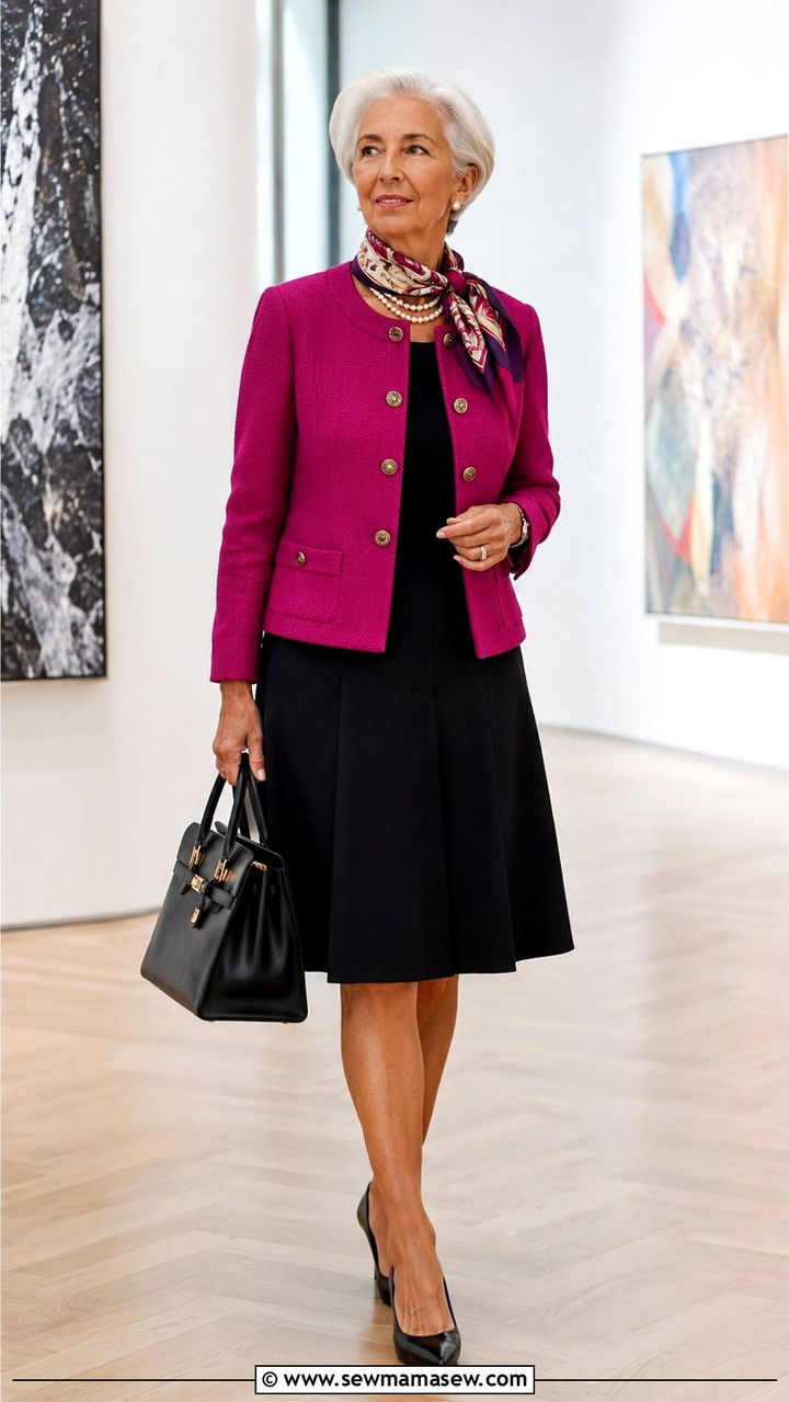 Magenta jacket with black A line skirt - 20 Christine Lagarde style outfit ideas