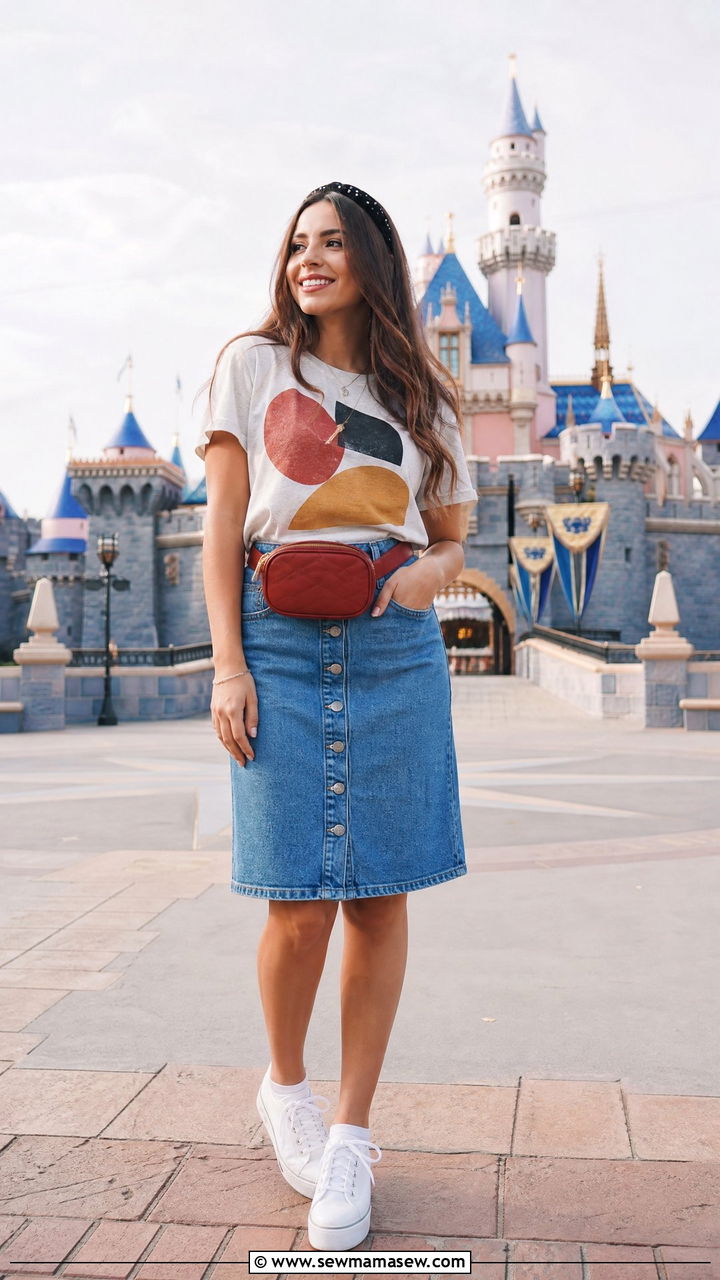 Magic Kingdom outfit with Mickey tee and denim skirt - 40 What to wear in Disney World