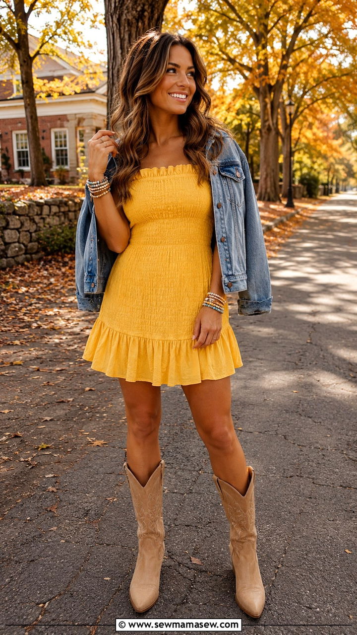 Maize mini dress with cowboy boots outfit - 20 Gameday outfit ideas Michigan