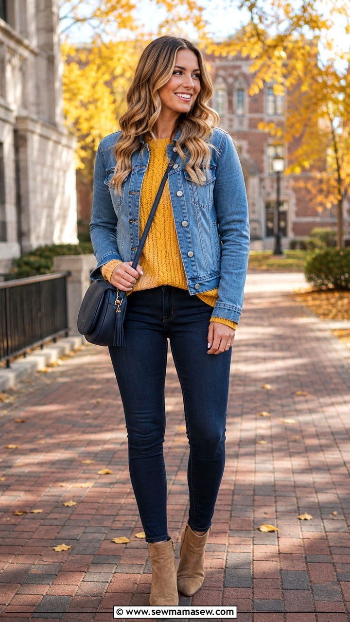 Maize sweater with denim jacket and booties outfit - 20 Gameday outfit ideas Michigan