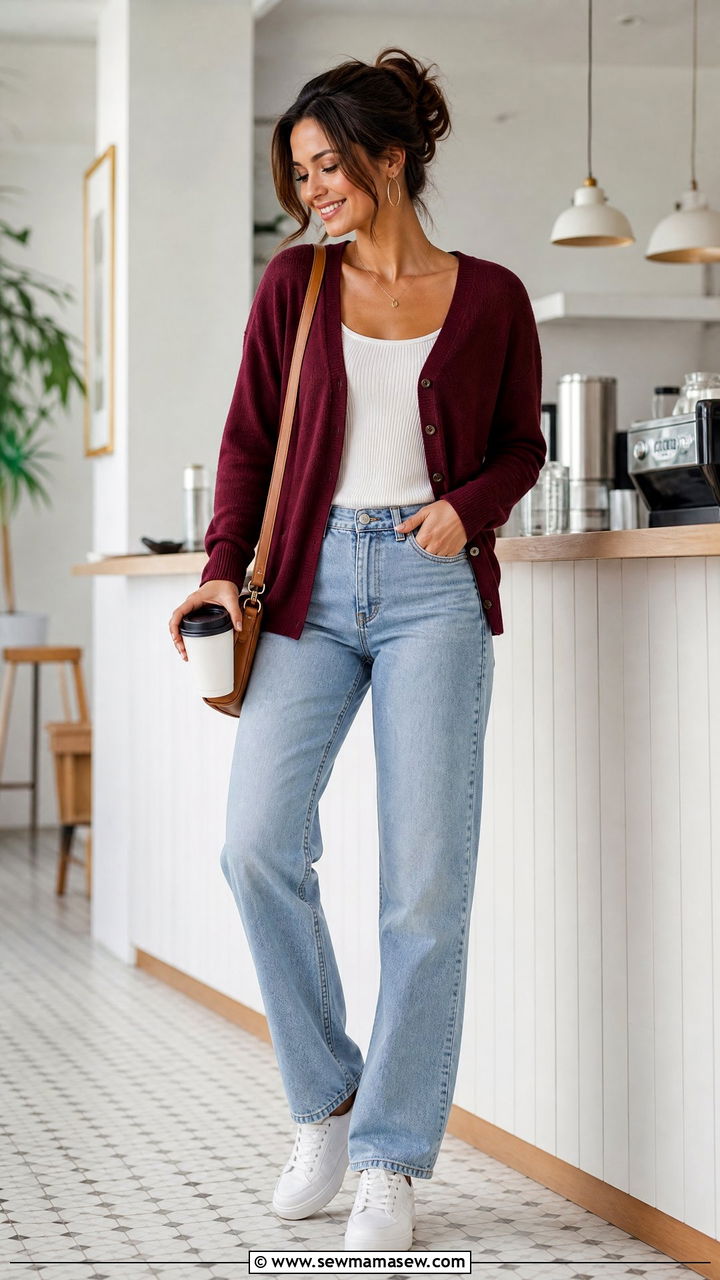 Maroon Cardigan with Denim Jeans - 35 Maroon outfit ideas