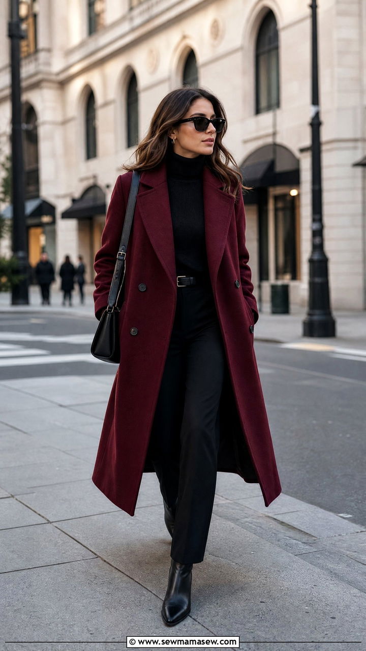 Maroon Coat with All Black Outfit - 35 Maroon outfit ideas
