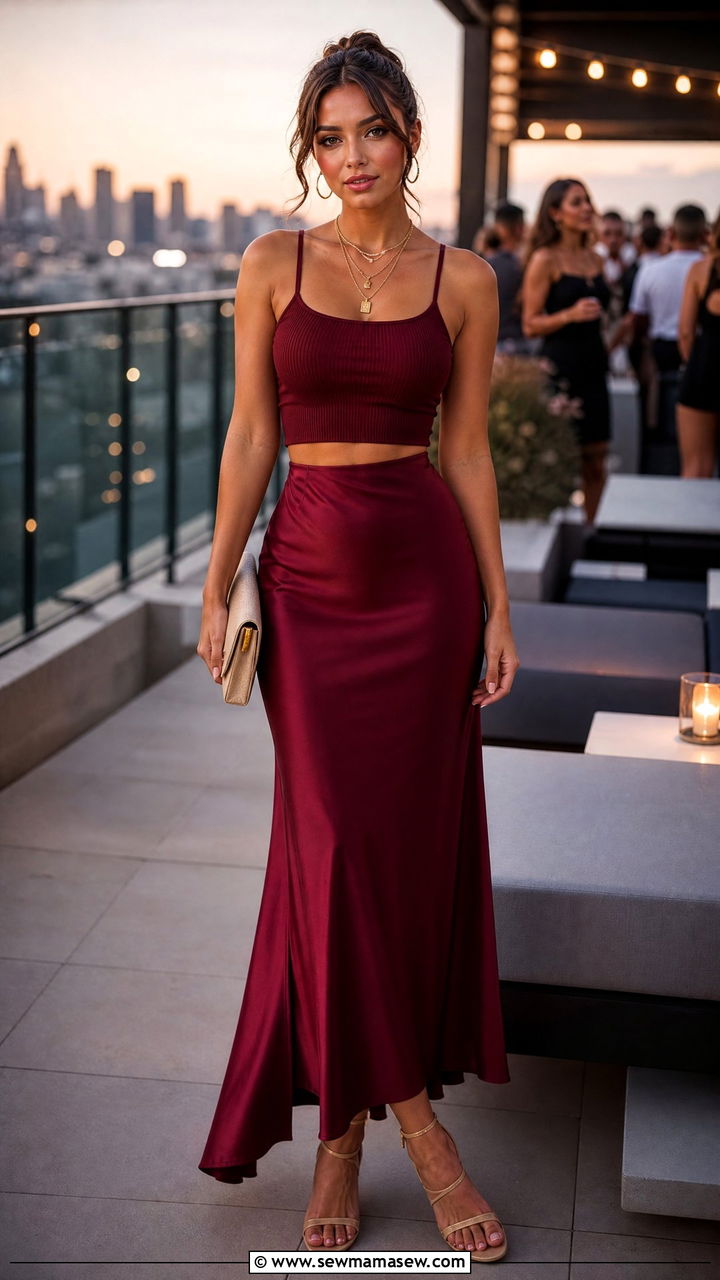 Maroon Crop Top with High Waist Skirt - 35 Maroon outfit ideas