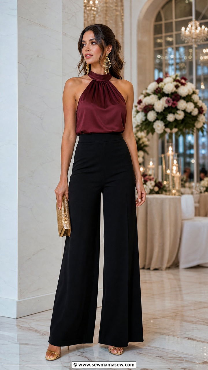 Maroon Halter Top with Palazzo Pants - 35 Maroon outfit ideas