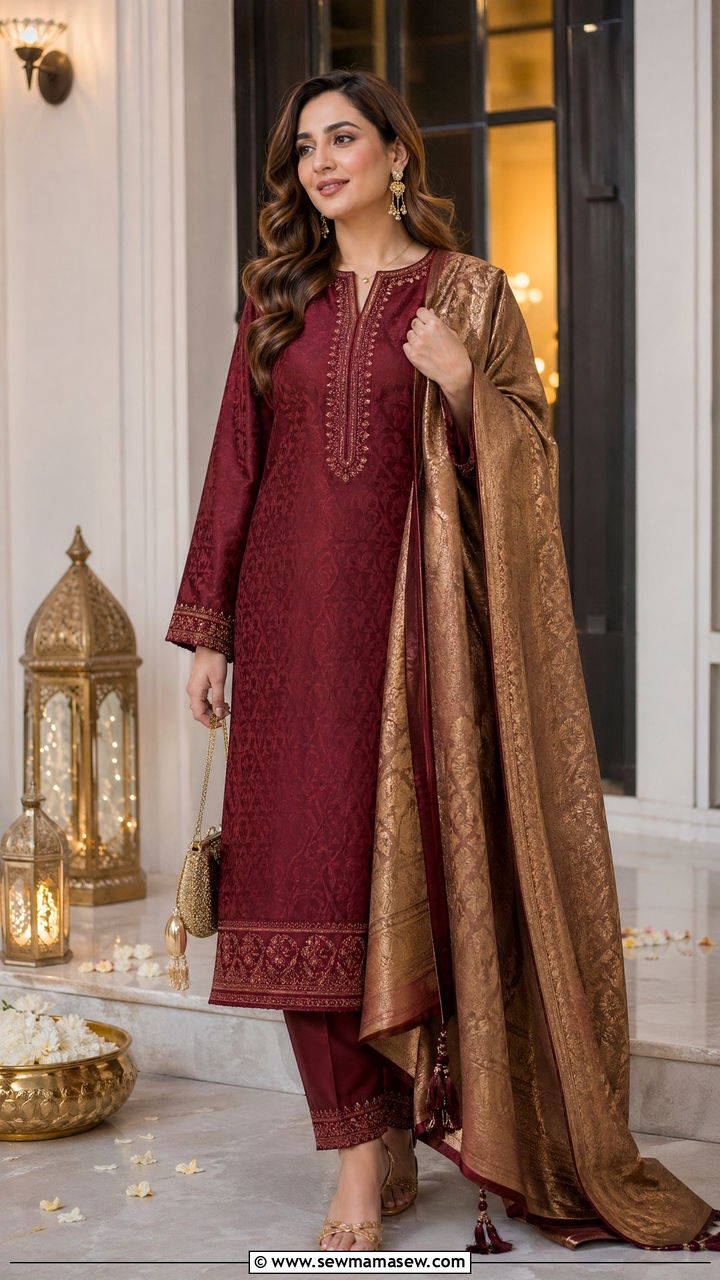 Maroon Jacquard 3 Piece Suit with Heavy Dupatta - 35 Eid outfit ideas for moms