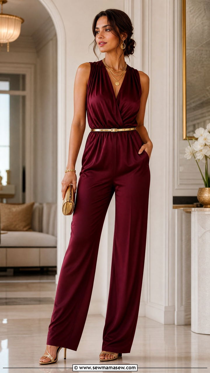 Maroon Jumpsuit with Gold Accessories - 35 Maroon outfit ideas