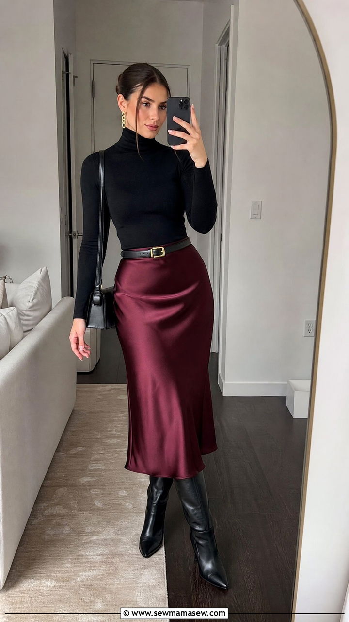 Maroon Midi Skirt with Boots - 35 Maroon outfit ideas