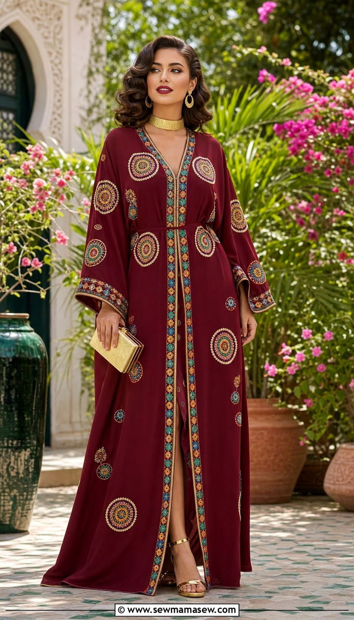 Maroon Moroccan Caftan Outfit With Gold Jewelry - 25 Eid outfit ideas Moroccan